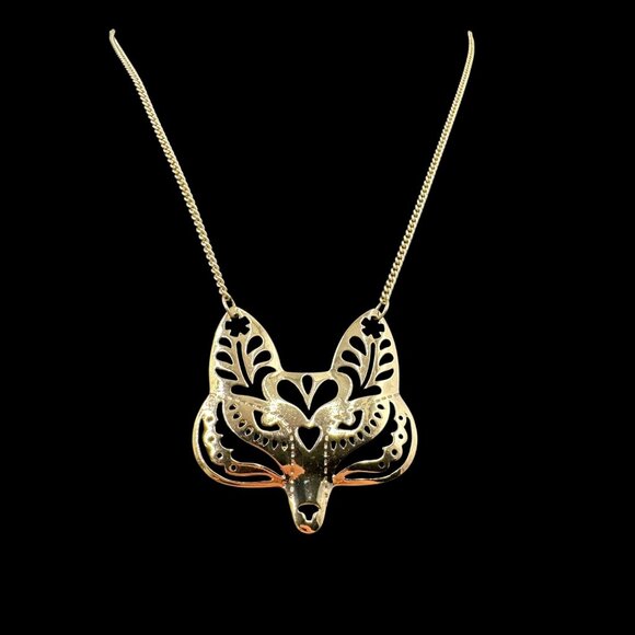 Tibetan Gold Tone Fox Mask Cut Out Bohemian Long Layering Necklace w/34" Chain - Picture 3 of 12